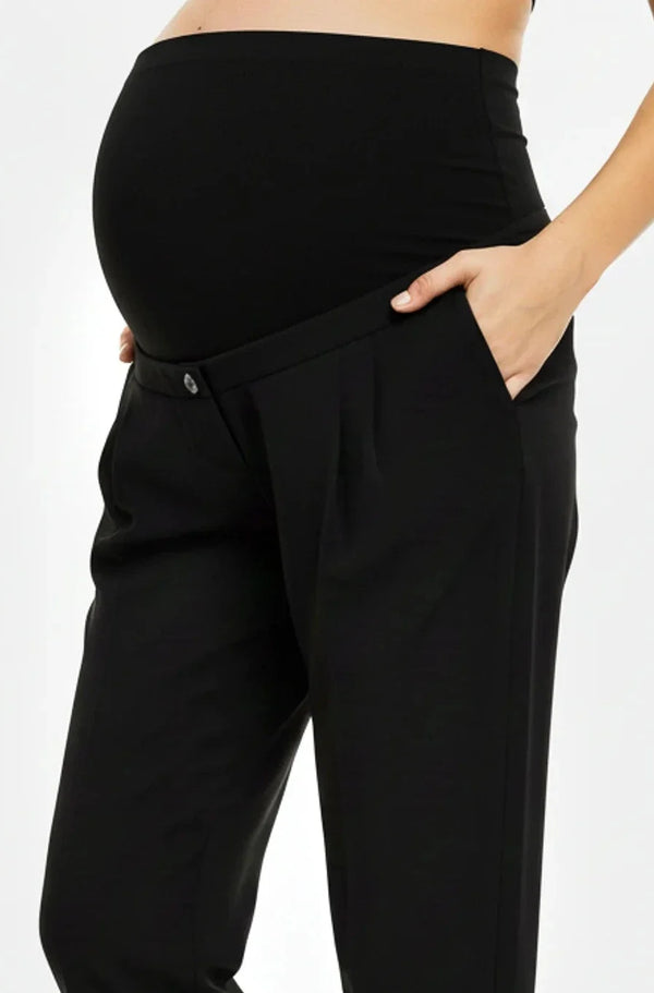 Pantaloni pentru gravide cu pliuri din georgette fin – negri