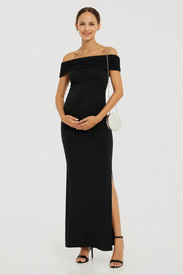Rochie elegantă neagră pentru gravide cu falduri - neagră