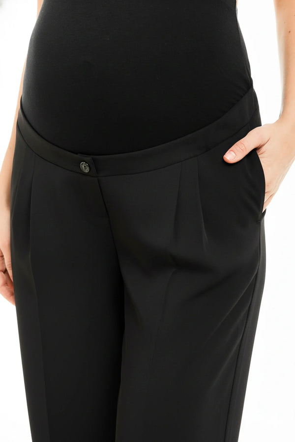 Pantaloni pentru gravide cu pliuri din georgette fin – negri