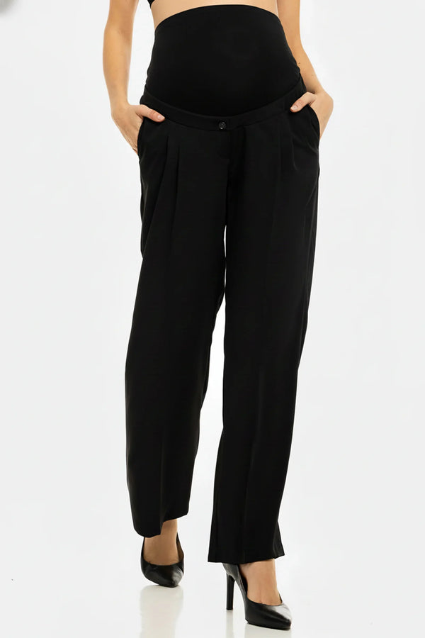 Pantaloni pentru gravide cu pliuri din georgette fin – negri