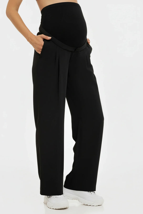 Pantaloni evazați elastici cu pliuri pentru gravide – negri