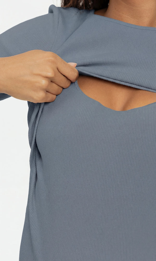 Rochie din bumbac rib pentru gravide și alăptare – albastră