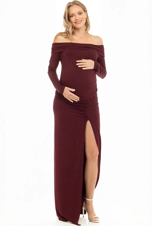 Rochie lunga elegantă cu umeri goi în vișinie