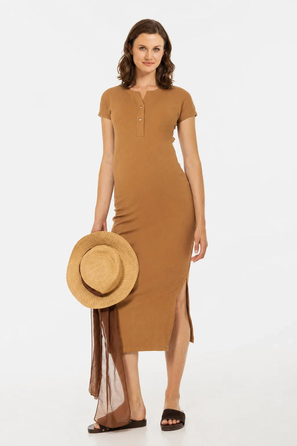 Rochie din bumbac rib pentru gravide și alăptare – caramel