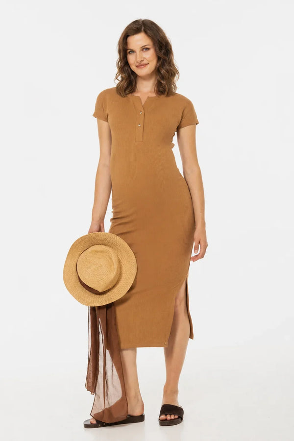 Rochie din bumbac rib pentru gravide și alăptare – caramel