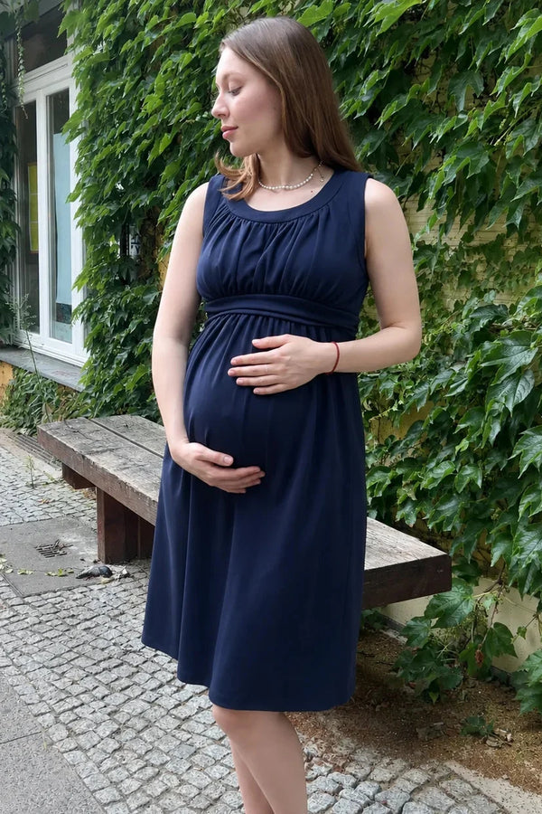 Rochie elegantă pentru gravide cu cordon încrețit – bleumarin