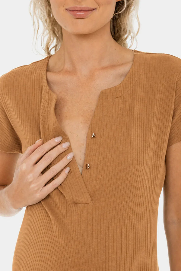 Rochie din bumbac rib pentru gravide și alăptare – caramel