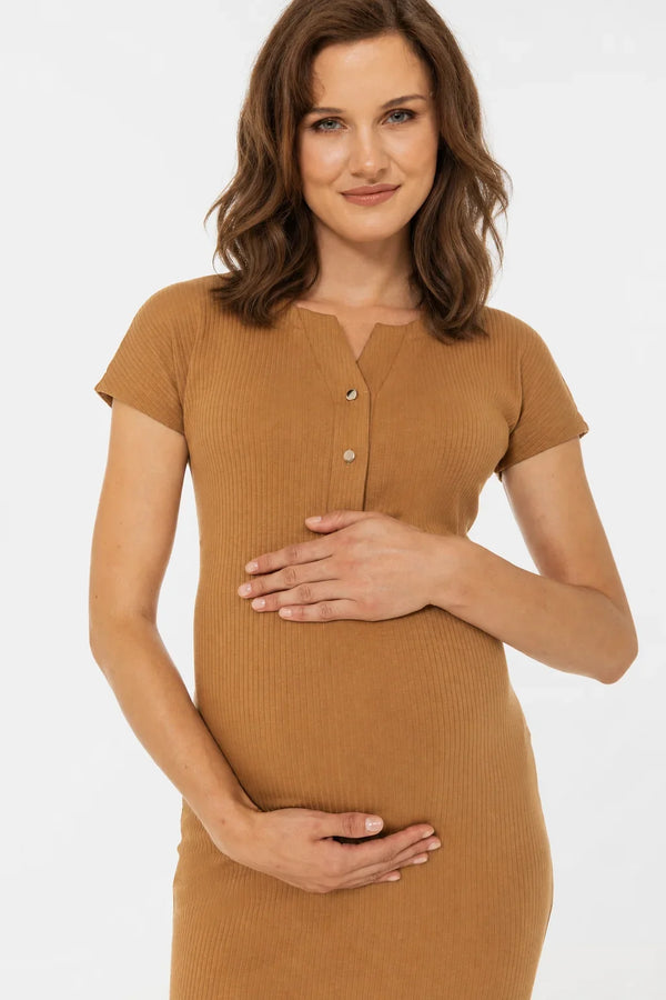 Rochie din bumbac rib pentru gravide și alăptare – caramel