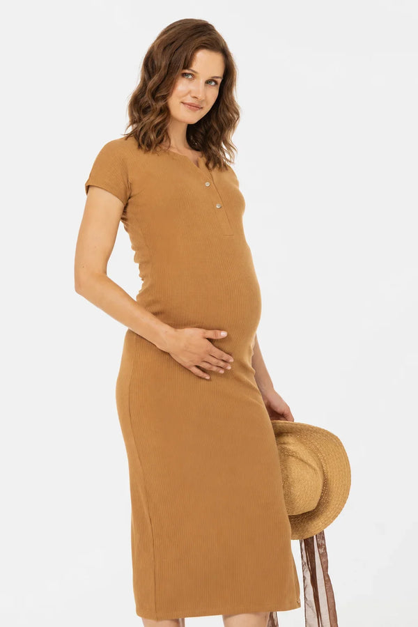 Rochie din bumbac rib pentru gravide și alăptare – caramel