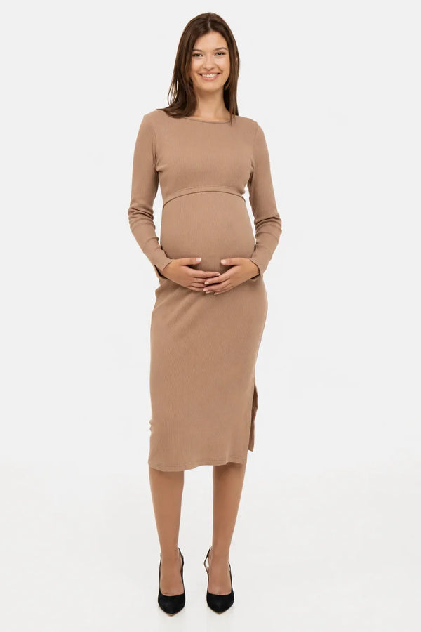 Rochie reiată din bumbac pentru gravide și alăptare - caramel