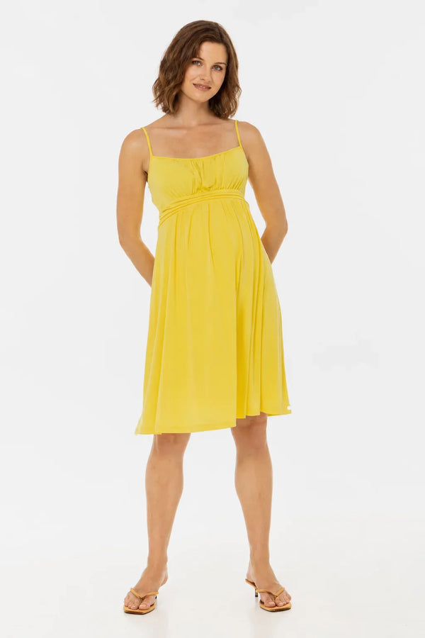 Rochie elegantă pentru gravide, cu bretele – galbenă