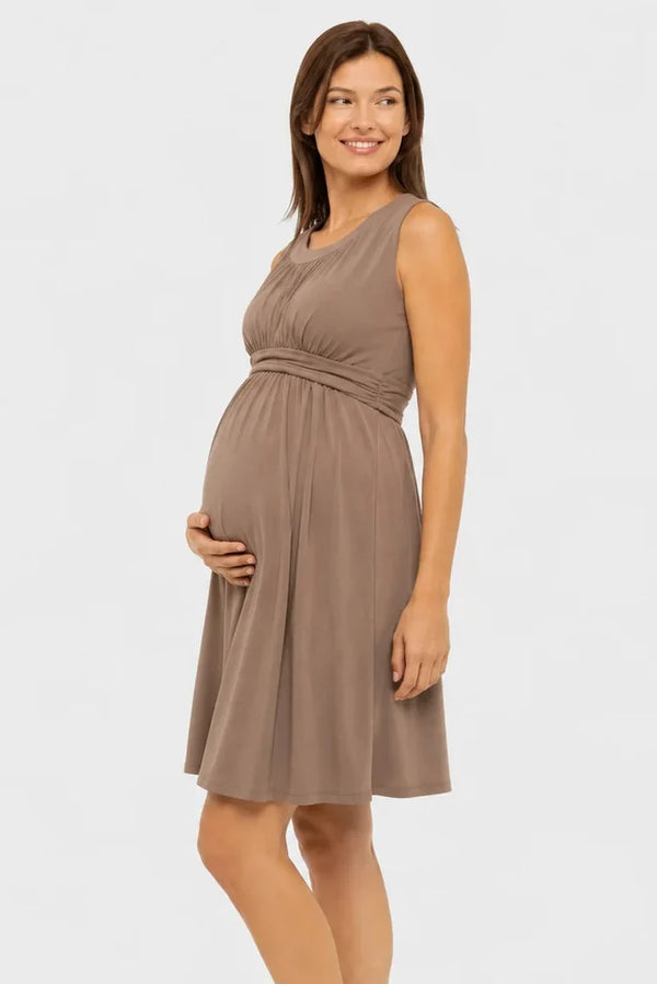 Rochie elegantă pentru gravide cu cordon încrețit – mocha