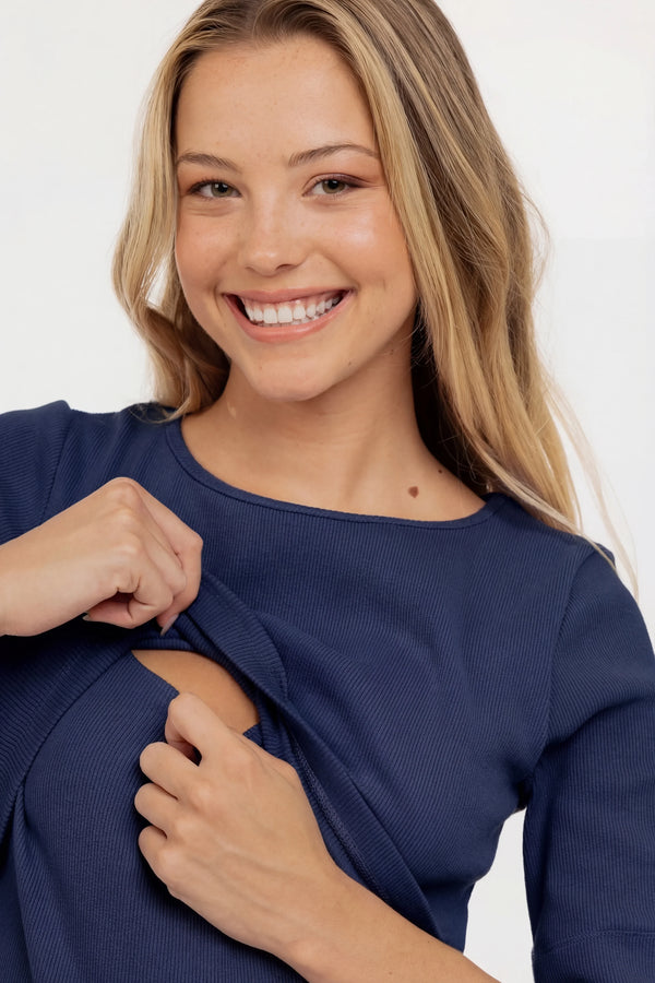 Rochie din rib de bumbac pentru gravide și alăptare – bleumarin