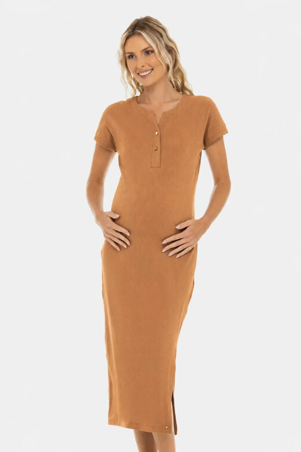 Rochie din bumbac rib pentru gravide și alăptare – caramel