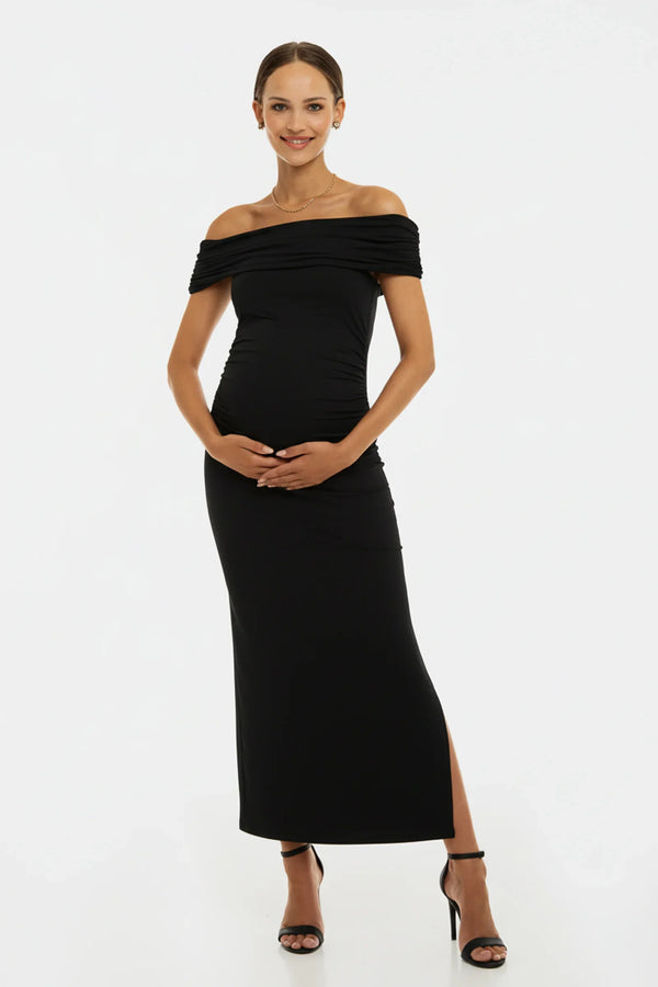 Rochie elegantă neagră pentru gravide cu falduri - neagră