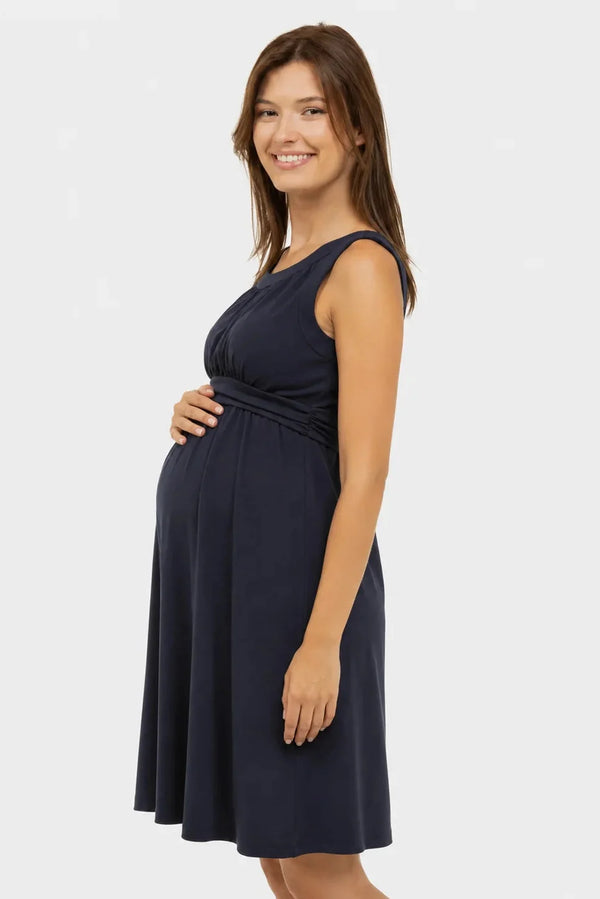 Rochie elegantă pentru gravide cu cordon încrețit – bleumarin