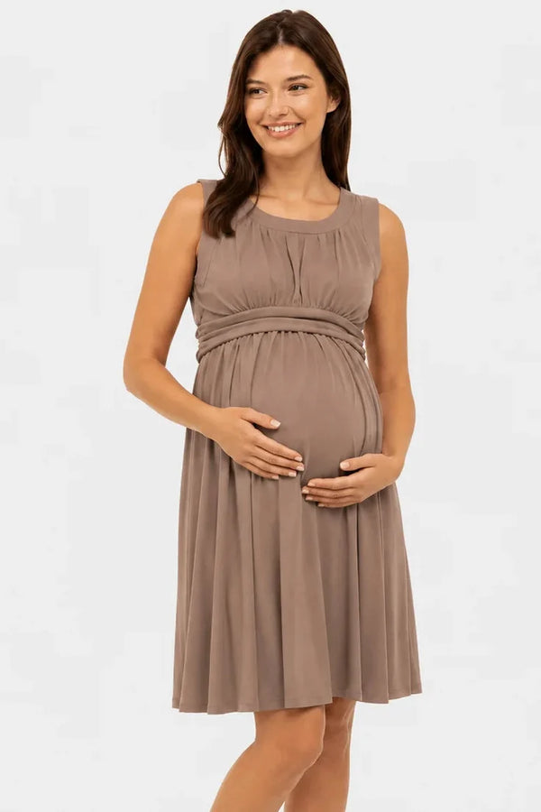 Rochie elegantă pentru gravide cu cordon încrețit – mocha