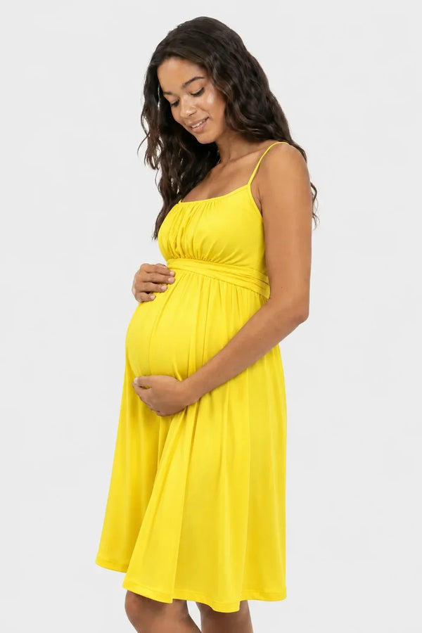 Rochie elegantă pentru gravide, cu bretele – galbenă
