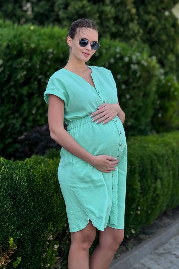 Rochie cămașă pentru gravide și alăptare din amestec de in - verde deschis