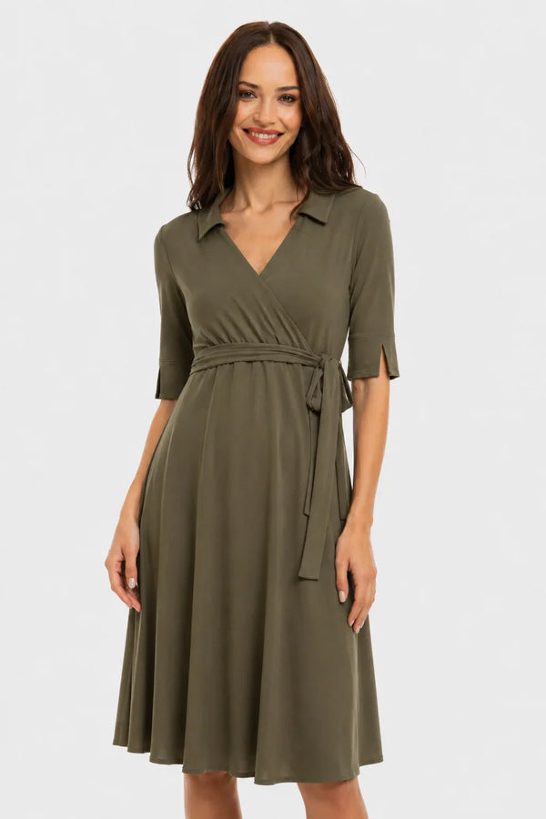 Rochie pentru gravide și alăptare, cu guler și decolteu petrecut – khaki