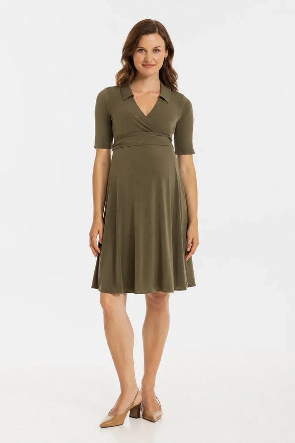Rochie pentru gravide și alăptare, cu guler și decolteu petrecut – khaki