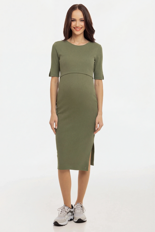 Rochie din bumbac rib pentru gravide și alăptare – verde olive