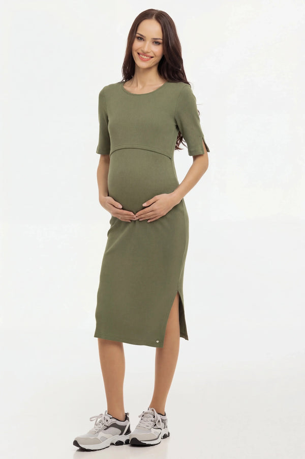 Rochie din bumbac rib pentru gravide și alăptare – verde olive