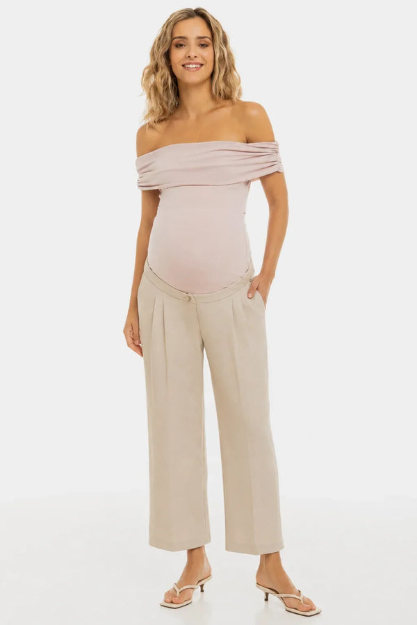 Pantaloni eleganți 7/8 din in, cu pliuri, pentru gravide – bej