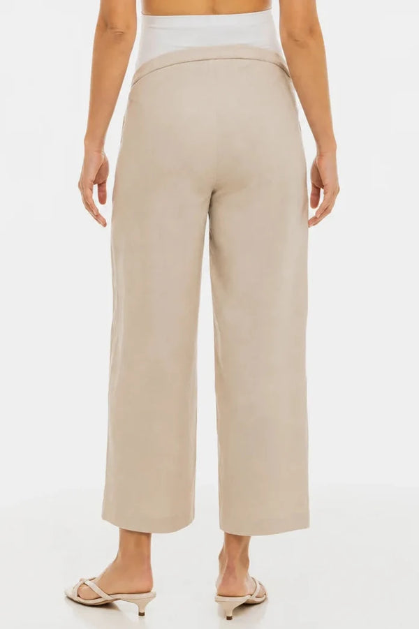 Pantaloni eleganți 7/8 din in, cu pliuri, pentru gravide – bej