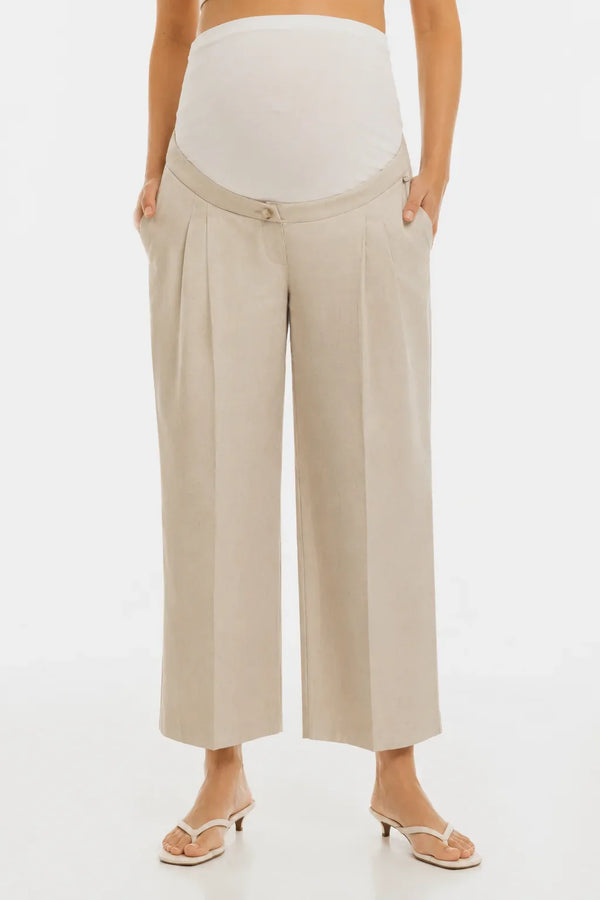 Pantaloni eleganți 7/8 din in, cu pliuri, pentru gravide – bej