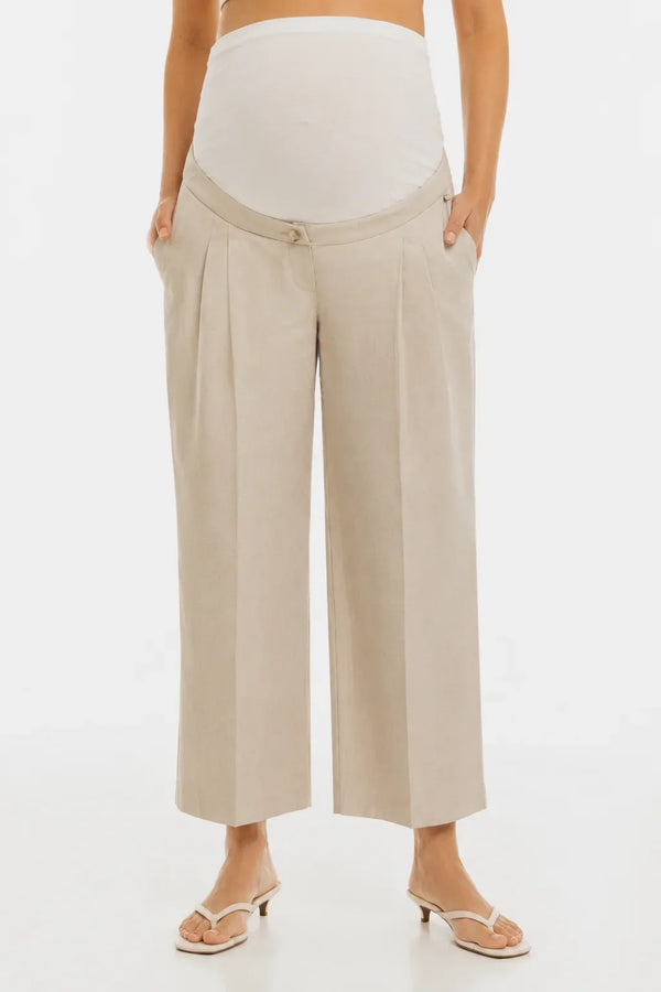 Pantaloni eleganți 7/8 din in, cu pliuri, pentru gravide – bej