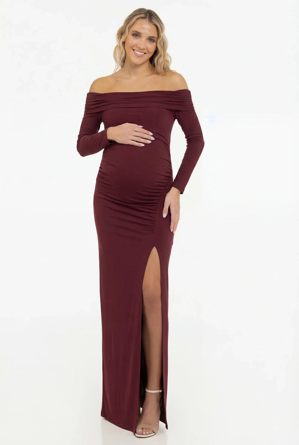 Rochie lunga elegantă cu umeri goi în vișinie