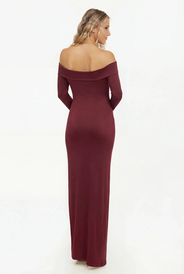 Rochie lunga elegantă cu umeri goi în vișinie