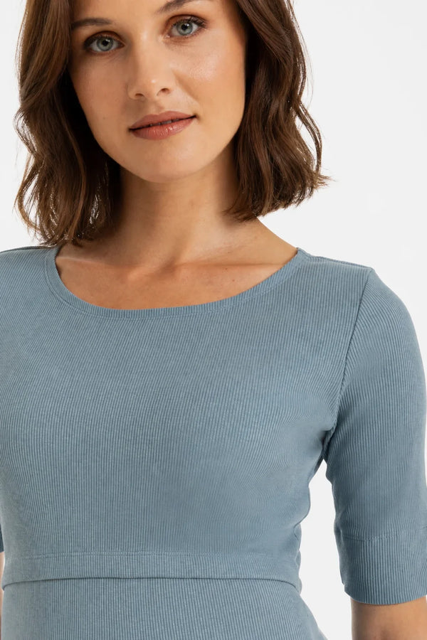 Rochie din bumbac rib pentru gravide și alăptare – albastră