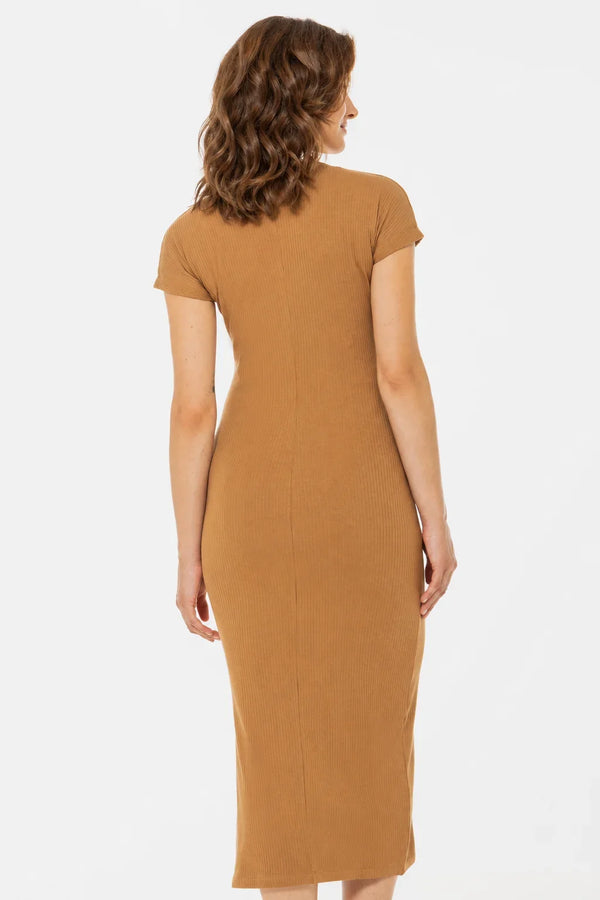 Rochie din bumbac rib pentru gravide și alăptare – caramel