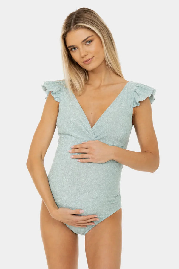 Costum de baie strălucitor pentru gravide și alăptare cu bretele largi cu volane – mentă
