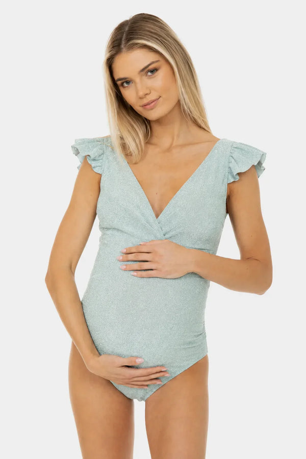 Costum de baie strălucitor pentru gravide și alăptare cu bretele largi cu volane – mentă