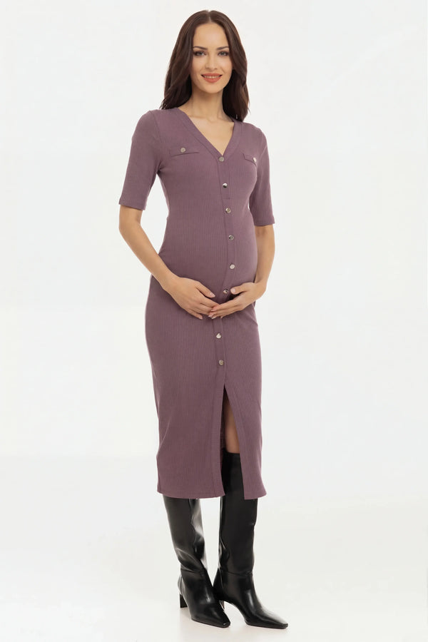 Rochie din bumbac rib pentru gravide și alăptare, cu nasturi – roz prăfuit