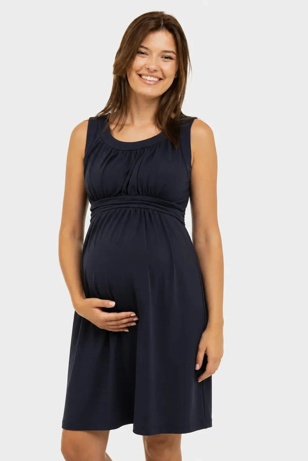 Rochie elegantă pentru gravide cu cordon încrețit – bleumarin