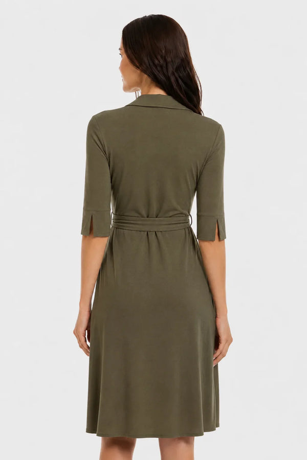 Rochie pentru gravide și alăptare, cu guler și decolteu petrecut – khaki