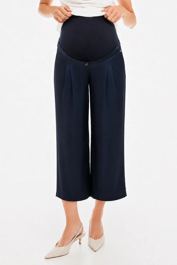Pantaloni eleganți 7/8 din satin, cu pliuri, pentru gravide – bleumarin