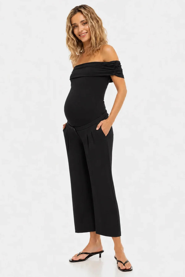 Pantaloni eleganți 7/8 cu pliuri pentru gravide – negri