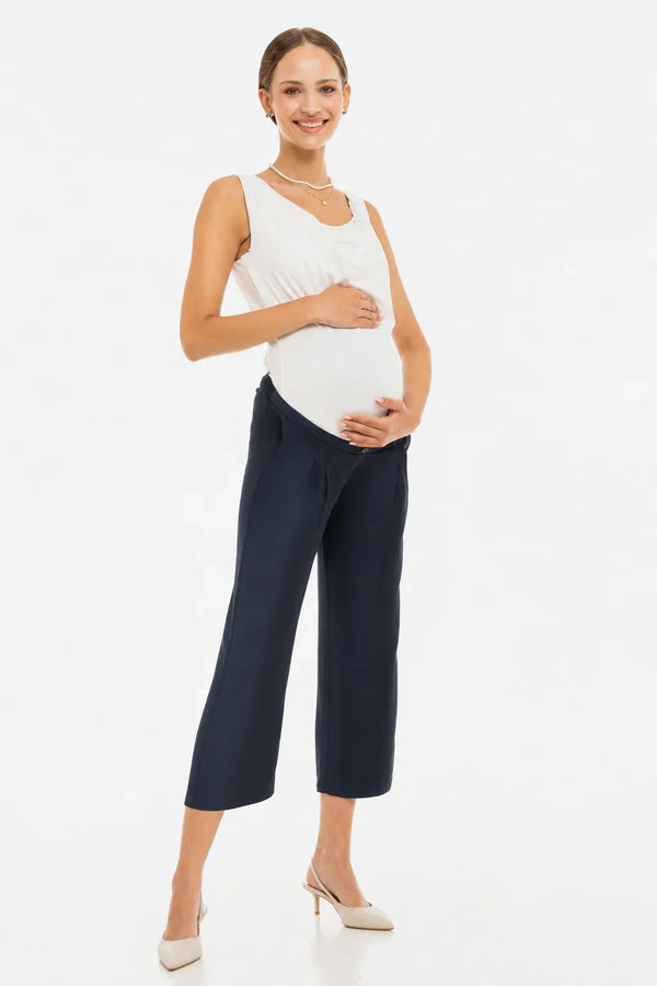 Pantaloni eleganți 7/8 din satin, cu pliuri, pentru gravide – bleumarin