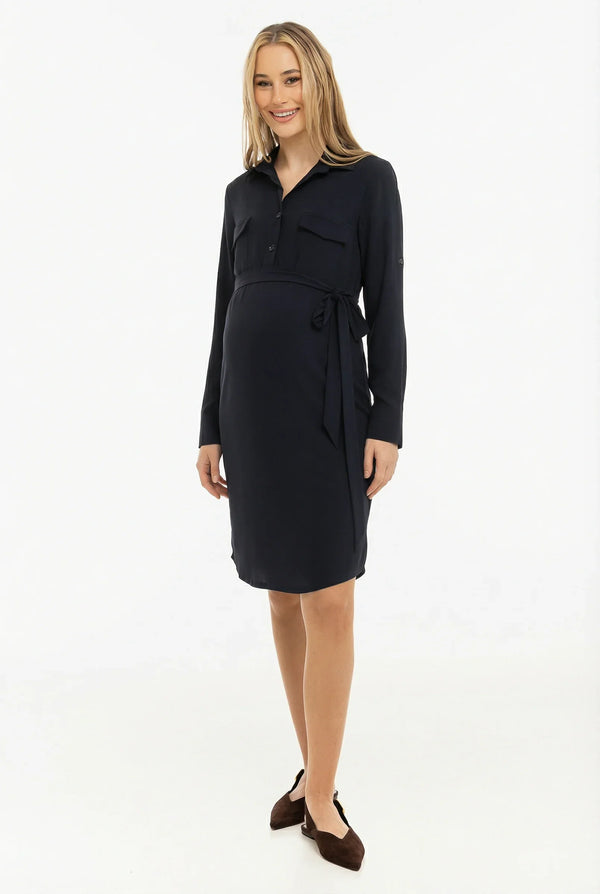 Rochie elastică cu guler pentru gravide și alăptare – bleumarin