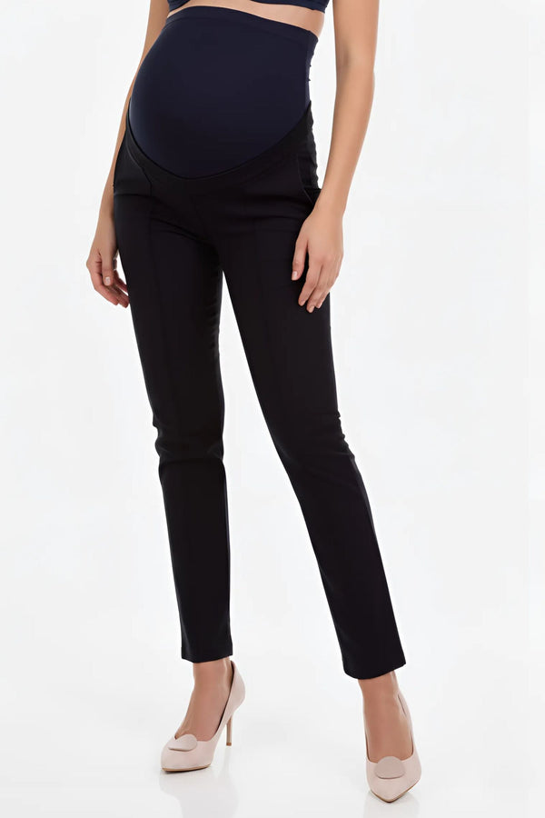 Pantaloni bleumarin cu dungă pentru gravide, cu talie din bumbac organic
