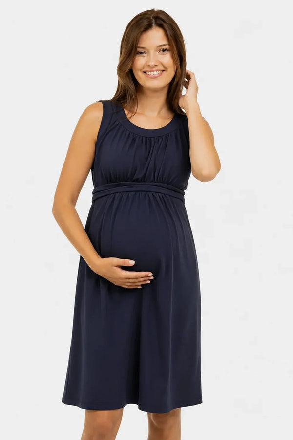 Rochie elegantă pentru gravide cu cordon încrețit – bleumarin