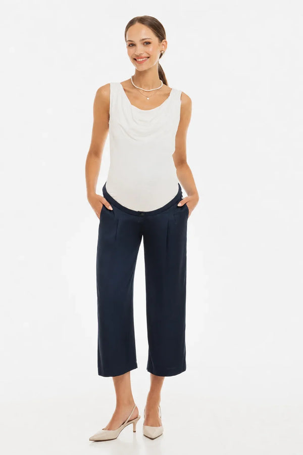 Pantaloni eleganți 7/8 din satin, cu pliuri, pentru gravide – bleumarin