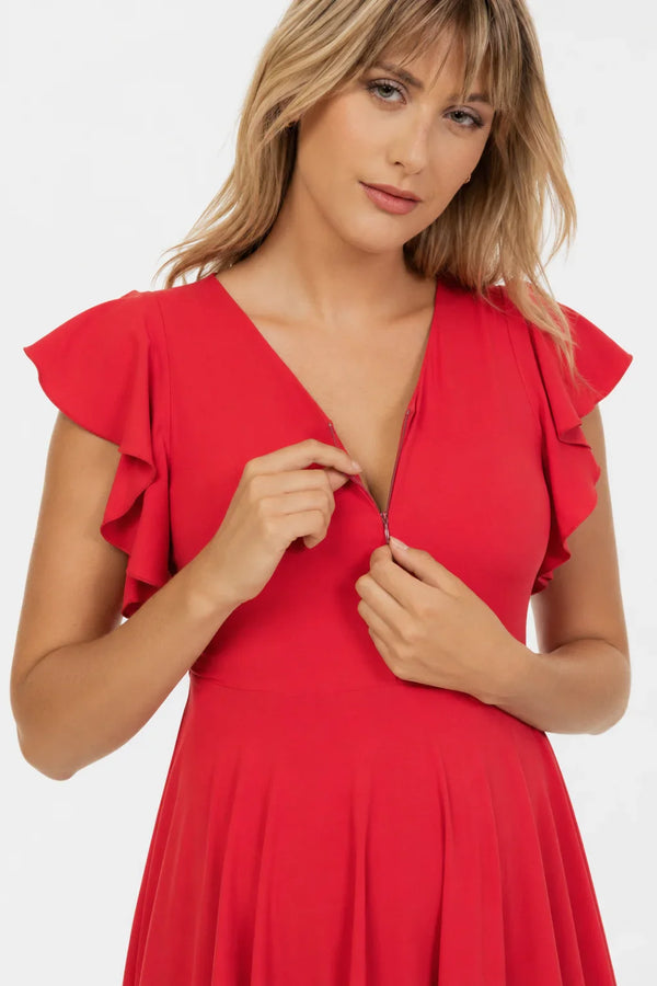 Rochie vaporoasă 2 în 1 pentru gravide și alăptare – roșie
