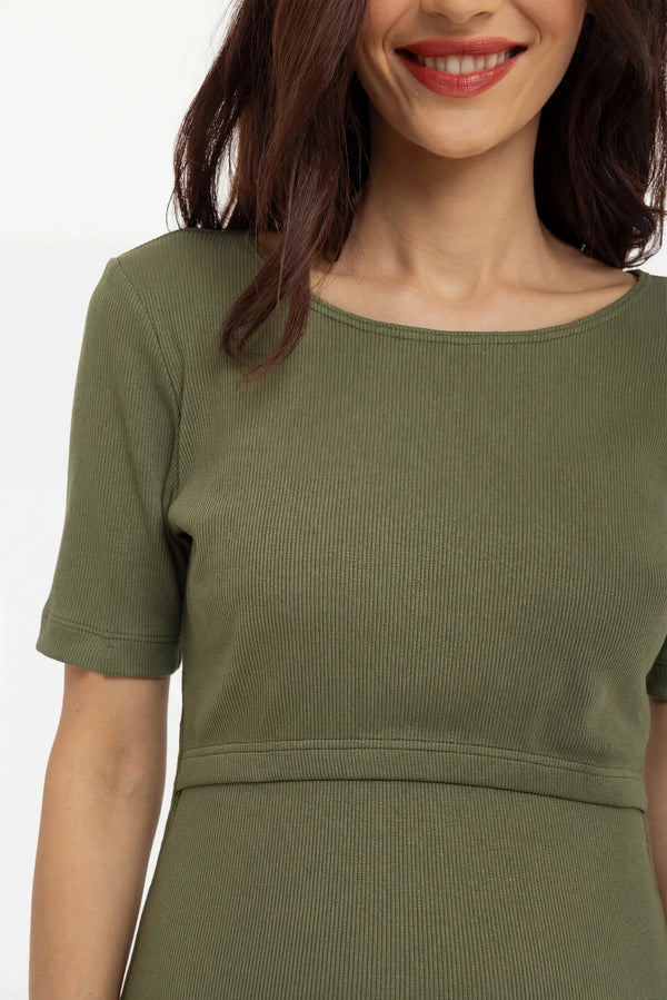 Rochie din bumbac rib pentru gravide și alăptare – verde olive