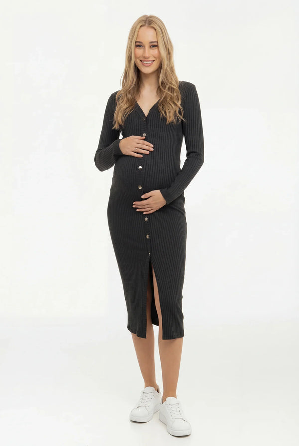 Rochie tricotată pentru gravide și alăptare cu nasturi – antracit